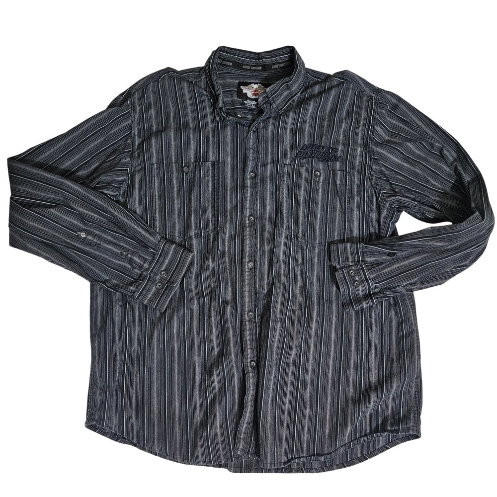 Harley-Davidson Mens XL Long Sleeve Button Down Shirt Striped Black Grey Cotton
